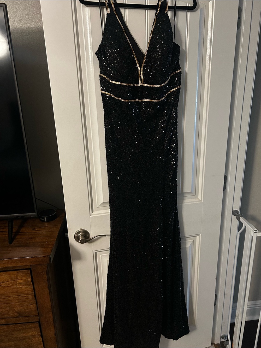 Black Sequin Prom Dress with Gold Trim
